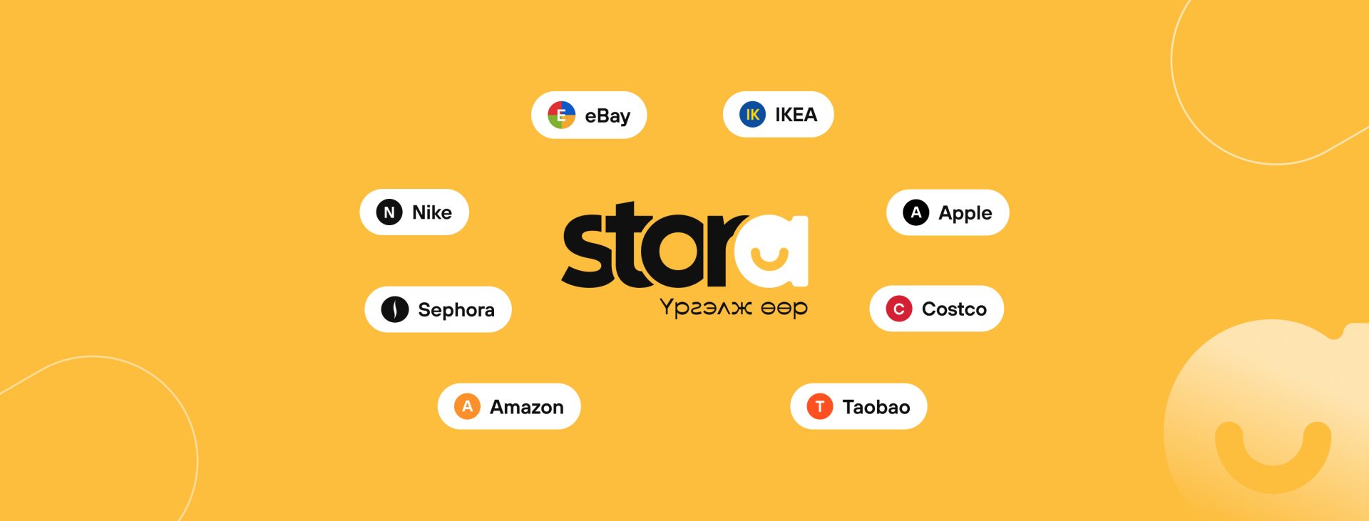 Шар дэвсгэртэй график нь голд нь "Stora"-ын логотой бөгөөд eBay, IKEA, Nike, Apple, Sephora, Costco, Amazon, Taobao зэрэг янз бүрийн брэндийн нэрийг агуулсан дугуй дүрсүүдтэй. Доорх латин бус үсгээр бичсэн бичвэр нь Stora-ийн дижитал шийдэл, цогц үйлчилгээг онцлон тэмдэглэв. - Business.MN