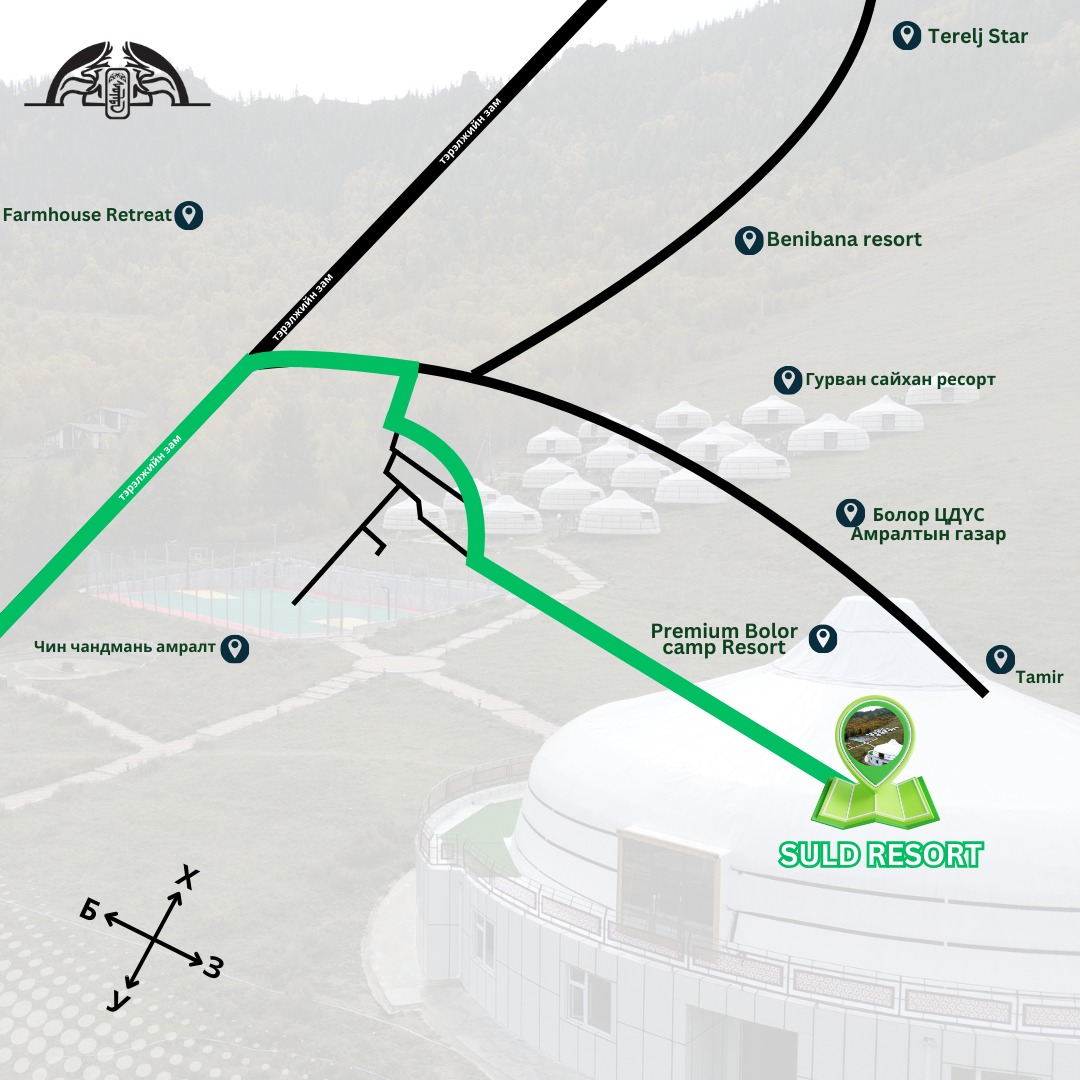 A stylized map showing a resort area with marked locations, including Suld Resort in green, Premium Bolor Camp Resort, and others. Features a compass rose for orientation. Background includes hills and yurts.