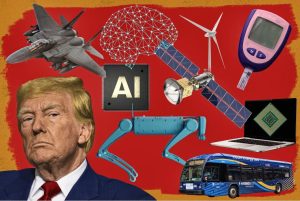 Illustration featuring a fighter jet, AI chip, brain network, wind turbine, glucose meter, satellite, robotic arms, bus, and laptop on a red background. A person with blonde hair is in the foreground, looking serious—symbolizing the intriguing essence of "2024 оны учиртай 10 тоо.