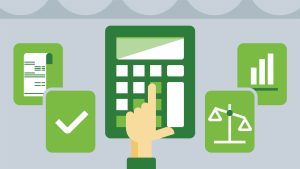 Illustration of a hand pressing a button on a large green calculator. Surrounding it are icons of a checkmark, a balance scale, a graph, and a document. The overall theme appears to relate to finance or accounting.