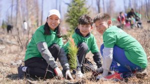 Three children in green shirts and gloves are planting a small tree in a forest clearing. Other people are working in the background on a sunny day, participating in a tree-planting activity.