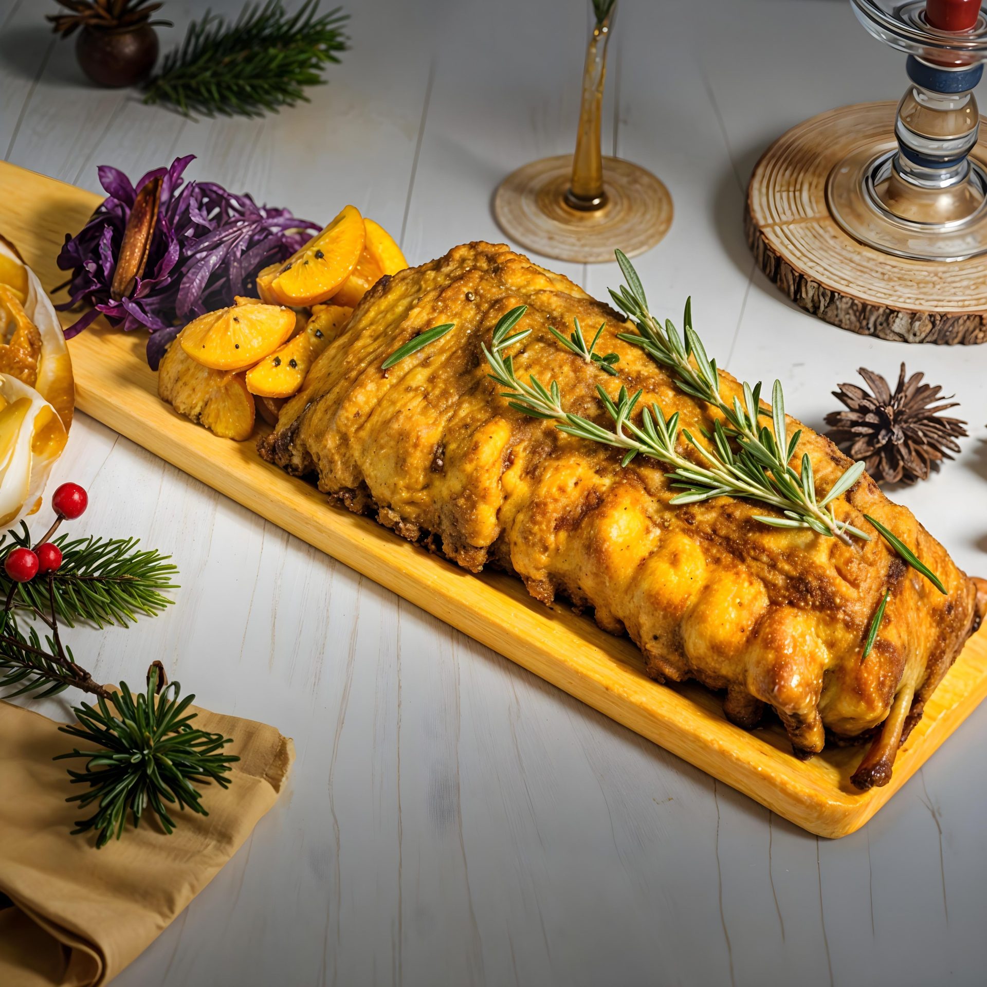 A wooden platter displaying a roast garnished with rosemary, surrounded by slices of orange and red cabbage. The table is set with festive decorations, including pinecones and evergreen sprigs, and includes a glass of wine.