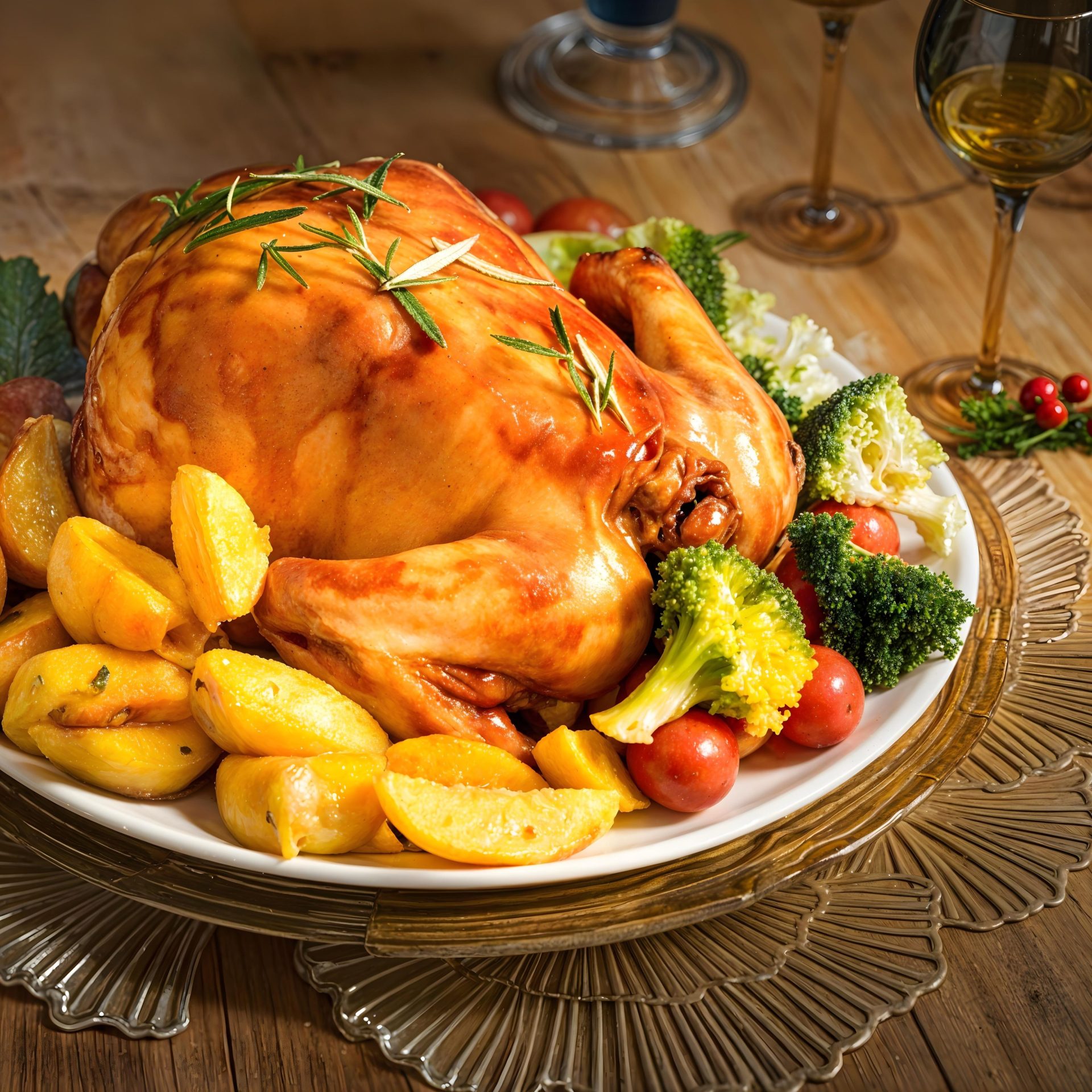 Roasted turkey garnished with fresh rosemary is surrounded by lemon wedges, broccoli, cauliflower, and cherry tomatoes on a decorative platter. Two wine glasses are in the background on a wooden table.