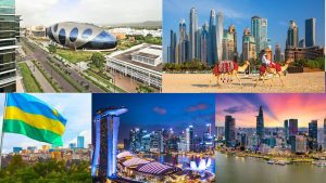 Collage of images featuring modern architecture: a unique oval building, skyscrapers with camel riders in a desert city, a flag against hills, and night views of city skylines with illuminated skyscrapers and waterfronts.