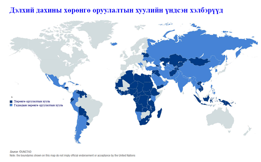 World map in Mongolian showing foreign investment legal frameworks, crafted with insights from Г.Жавхлантөгс, Монгол Улсын Шадар сайд Т.Доржхандын Хөрөнгө оруулалт хариуцсан зөвлөх. Countries are shaded in shades of blue to indicate varying levels of investment legal structures.