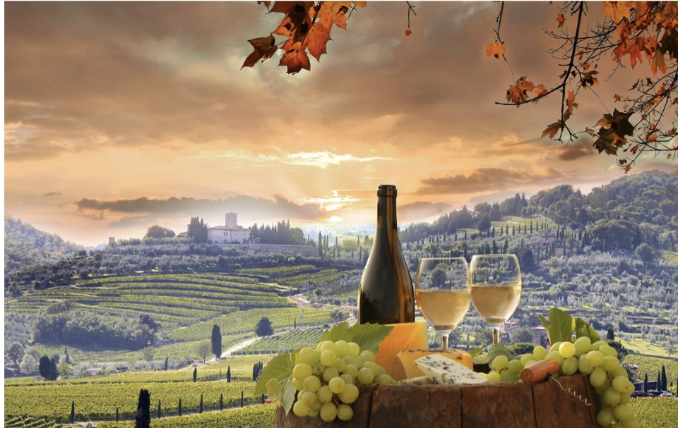 A picturesque vineyard landscape under a dramatic sunset sky with rolling green hills. In the foreground, a barrel holds a wine bottle, two filled glasses, cheese, and grapes—an ode to Дарсны соёл бол хүн төрөлхтний үнэт өв. Autumn leaves frame the scene.