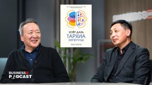 Two men are seated and smiling in a podcast studio. Between them is an illustrated book cover featuring colorful brain graphics and Cyrillic text. The words "Business Podcast" are in the bottom left corner.