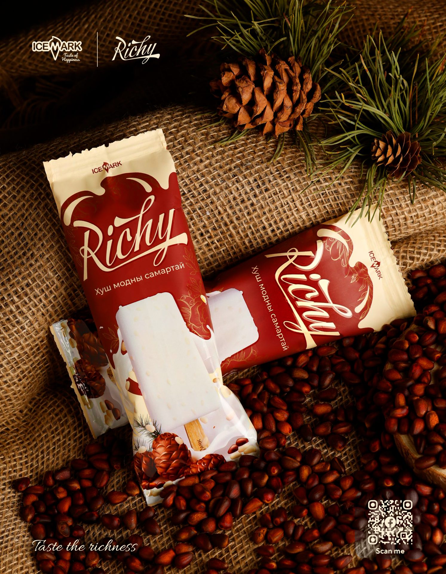 Two white chocolate ice cream bars with "Richy" branding are placed on burlap, surrounded by pine cones and nuts. The packaging is burgundy and cream-colored. Text at the bottom reads "Taste the richness" with a QR code nearby.