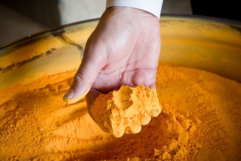 A person's hand holding a handful of bright orange powder over a large container filled with more of the same powder, likely turmeric. The hand is shown from above, showcasing the texture and vibrancy of the powder.