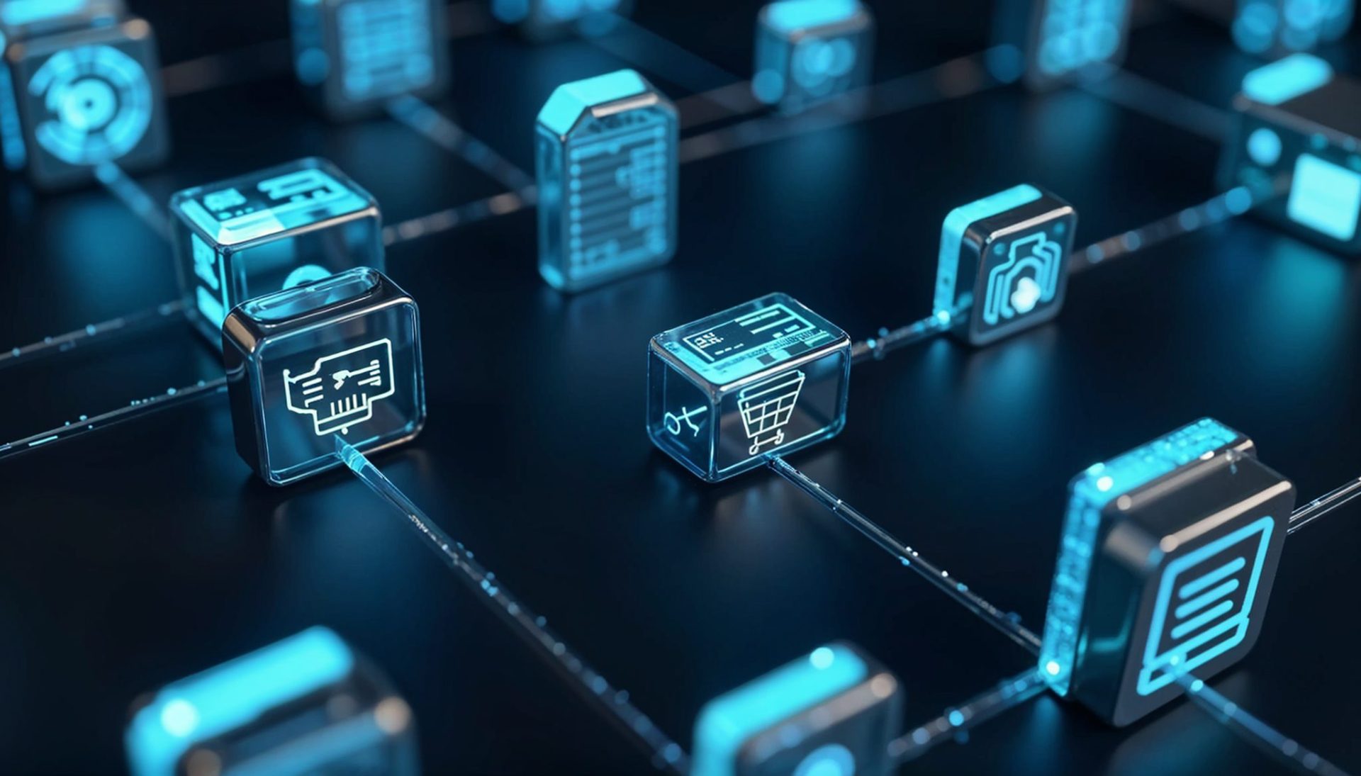 A digital illustration depicting a futuristic network of interconnected blocks with glowing icons, representing technology and data exchange. The blocks are displayed in a grid-like pattern against a dark background, emphasizing connectivity.