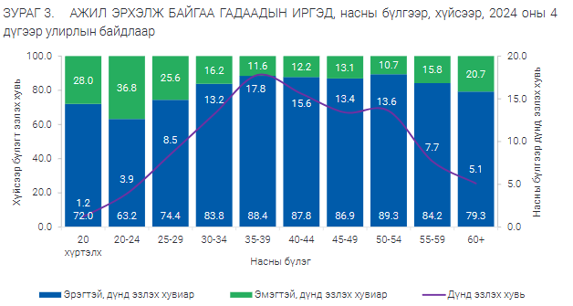 Bar chart depicting employment rates of foreign nationals by age group in Q4 2024. Green bars represent male employment, blue for females, and purple line shows total employment trend. Age groups are listed on the x-axis, percentages on the y-axis.