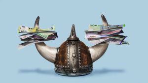 A Viking helmet with horns holding various denominations of Euro banknotes on each side, set against a plain blue background.