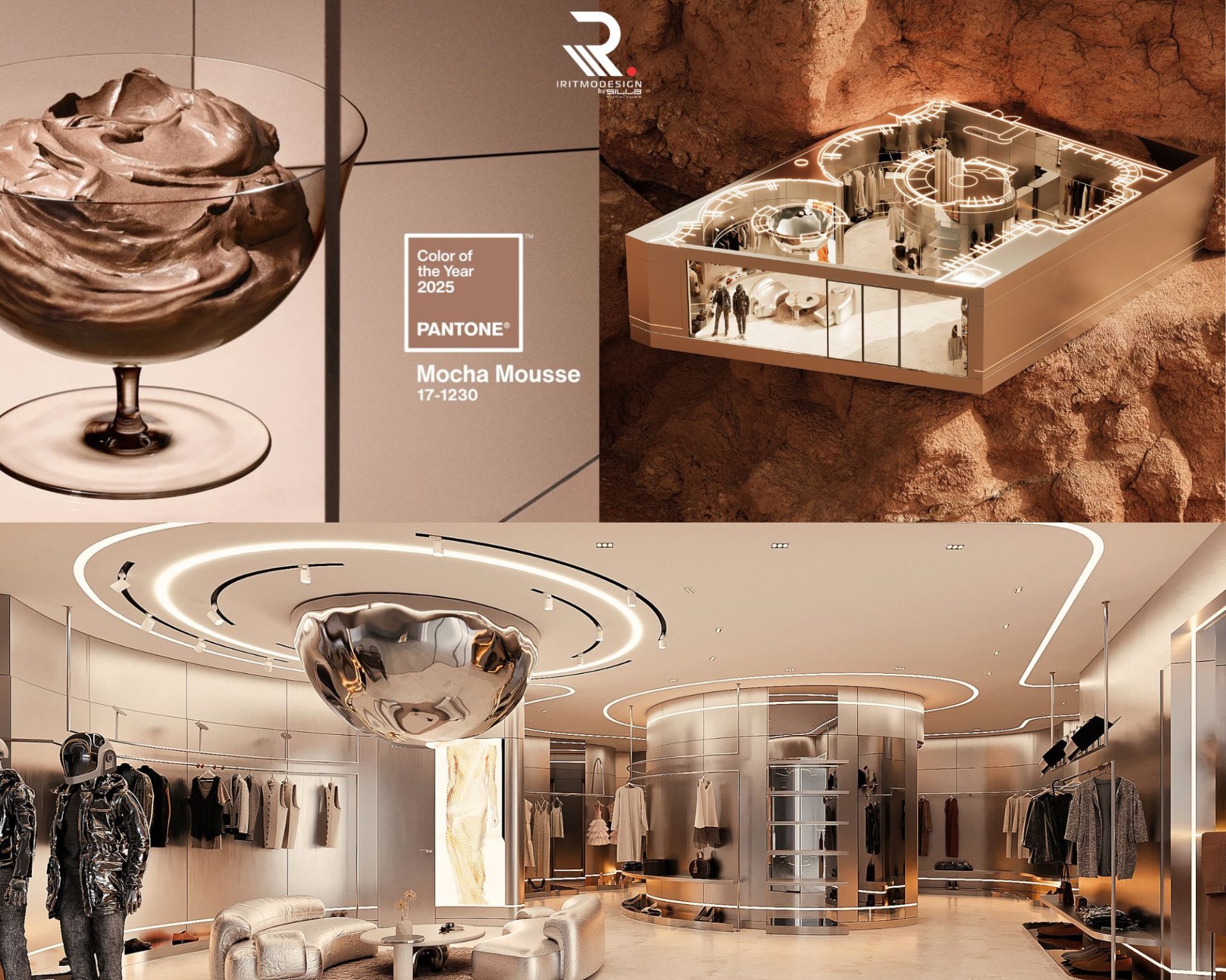 Collage featuring Pantone's Color of the Year 2026, Mocha Mousse 17-1230. Images include a creamy dessert, a modern interior with circular metallic elements, and an innovative architectural space set in a rocky landscape.