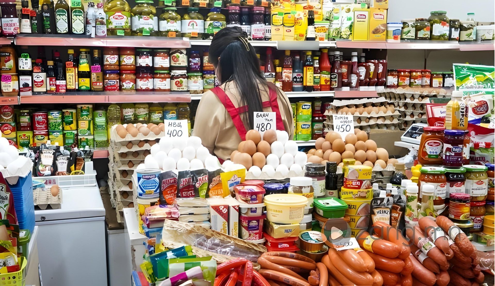 A grocery store with shelves full of jars and bottles in the background. In the foreground, there's a variety of food items including eggs, sausages, and packaged goods. A person in a beige outfit with a red apron stands near the shelves, reflecting on өнгөрсөн сарын өсөлт ба бууралт of inventory trends.