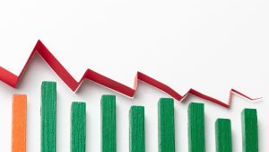 A bar graph displays green columns with one orange column on the left, each representing өнгөрсөн сарын өсөлт ба бууралт. A red zigzag line runs across the top, descending from left to right, indicating a downward trend against a white background.