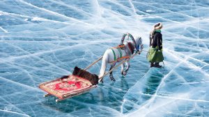 A person wearing a fur hat and green attire leads a white horse pulling a decorated sled across a vast, textured frozen lake. The ice is clear and marked with numerous white cracks.