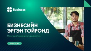 A man in an apron stands at a counter with a coffee cup. The background features green and blue geometric designs with text in Cyrillic script. A logo with the word "Business" is at the top left corner.