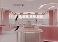 A modern store interior with pink walls and circular counters. A person in a light outfit walks past shelves with labels. Soft overhead lighting creates a warm ambiance.