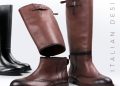 Brown leather boots with detachable calf sections, allowing for conversion from ankle to knee-high boots. A black pair is positioned in the background. "Italian Design" is written vertically on the right side.